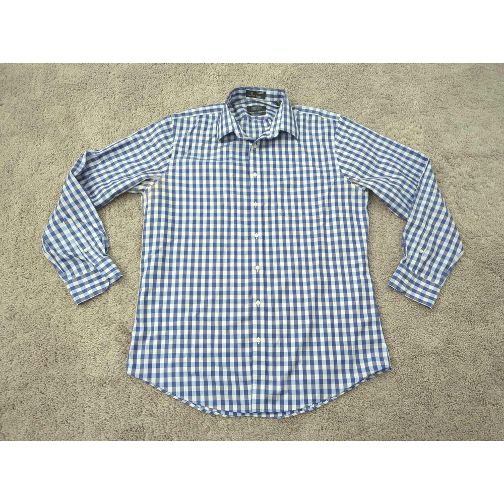 Nordstrom Button Up Shirt Mens 16 Blue Gingham Wrinkle Free Traditional Fit